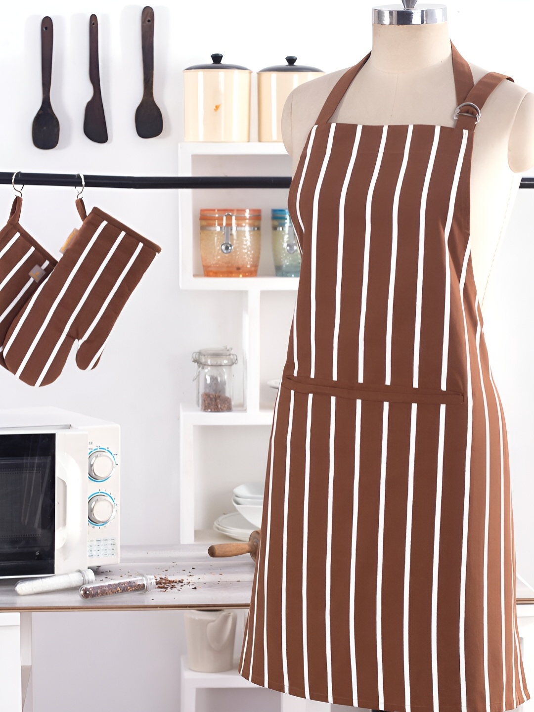 

MASPAR Brown & White Striped Tie Up Cotton Apron