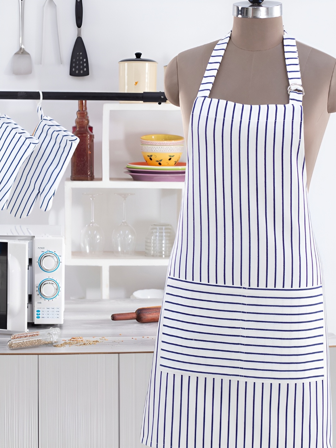 

MASPAR Blue & White Striped Tie Up Cotton Apron