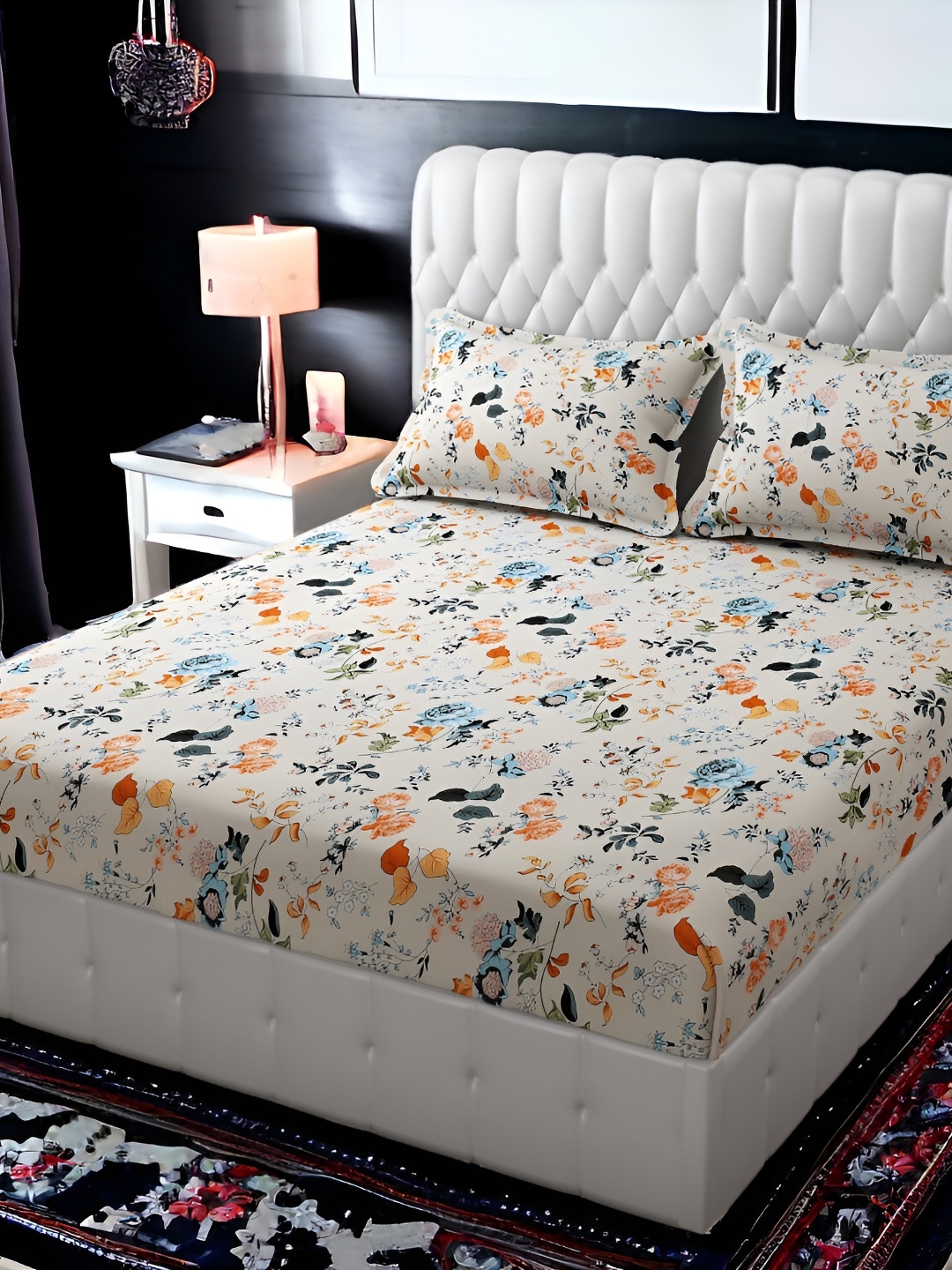 

FINE TEX WORLD Blue Floral Microfiber 210 TC King Bedsheet with 2 Pillow Covers, Peach