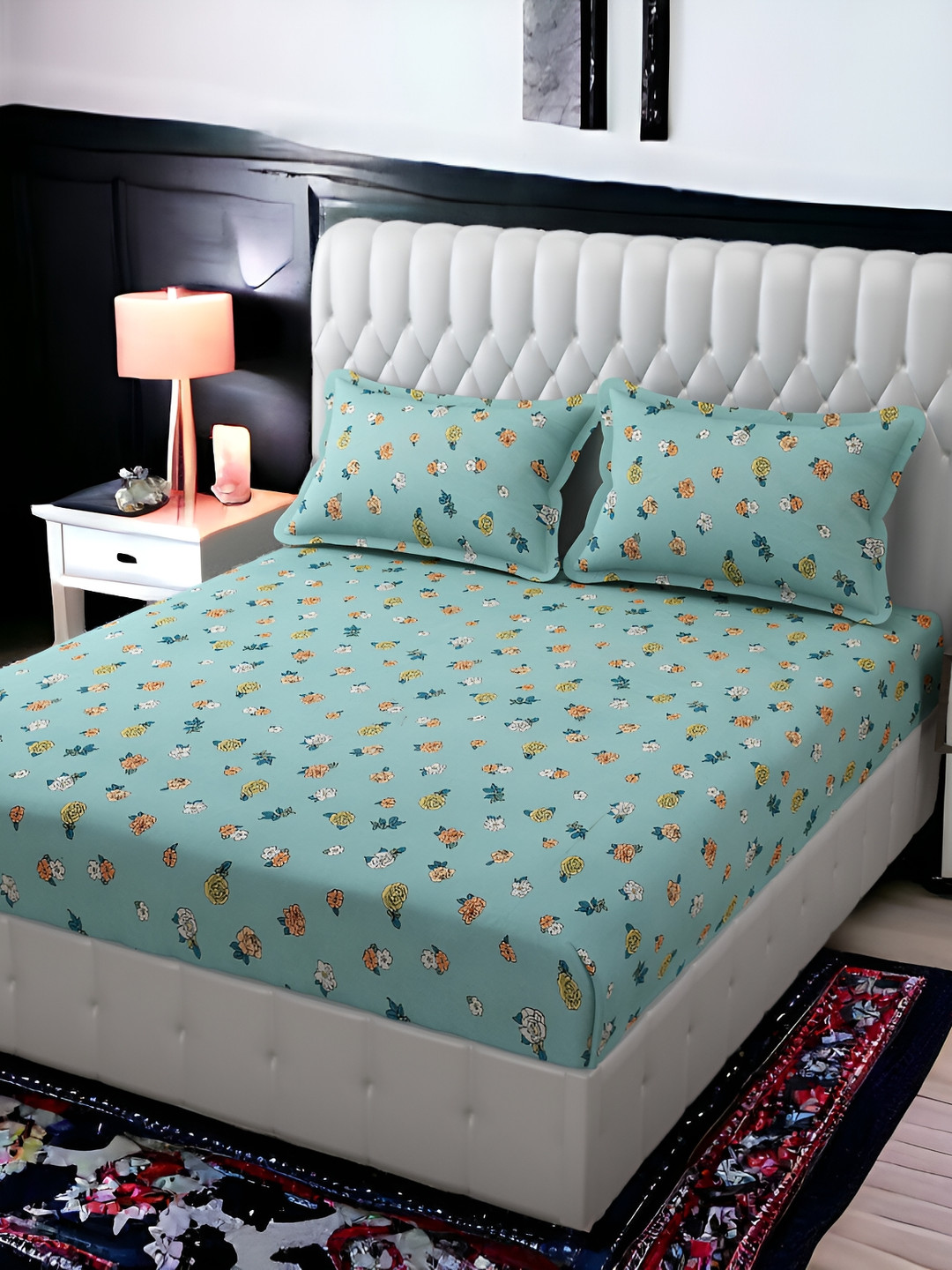 

FINE TEX WORLD Green Floral Microfiber 210 TC King Bedsheet with 2 Pillow Covers