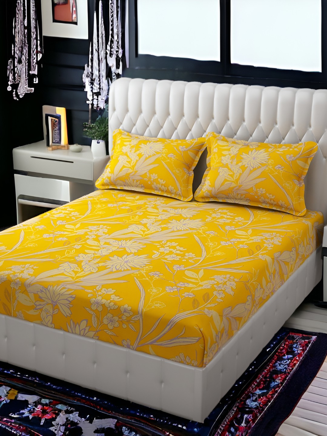 

FINE TEX WORLD Yellow Ethnic Motifs Microfiber 210 TC King Bedsheet with 2 Pillow Covers