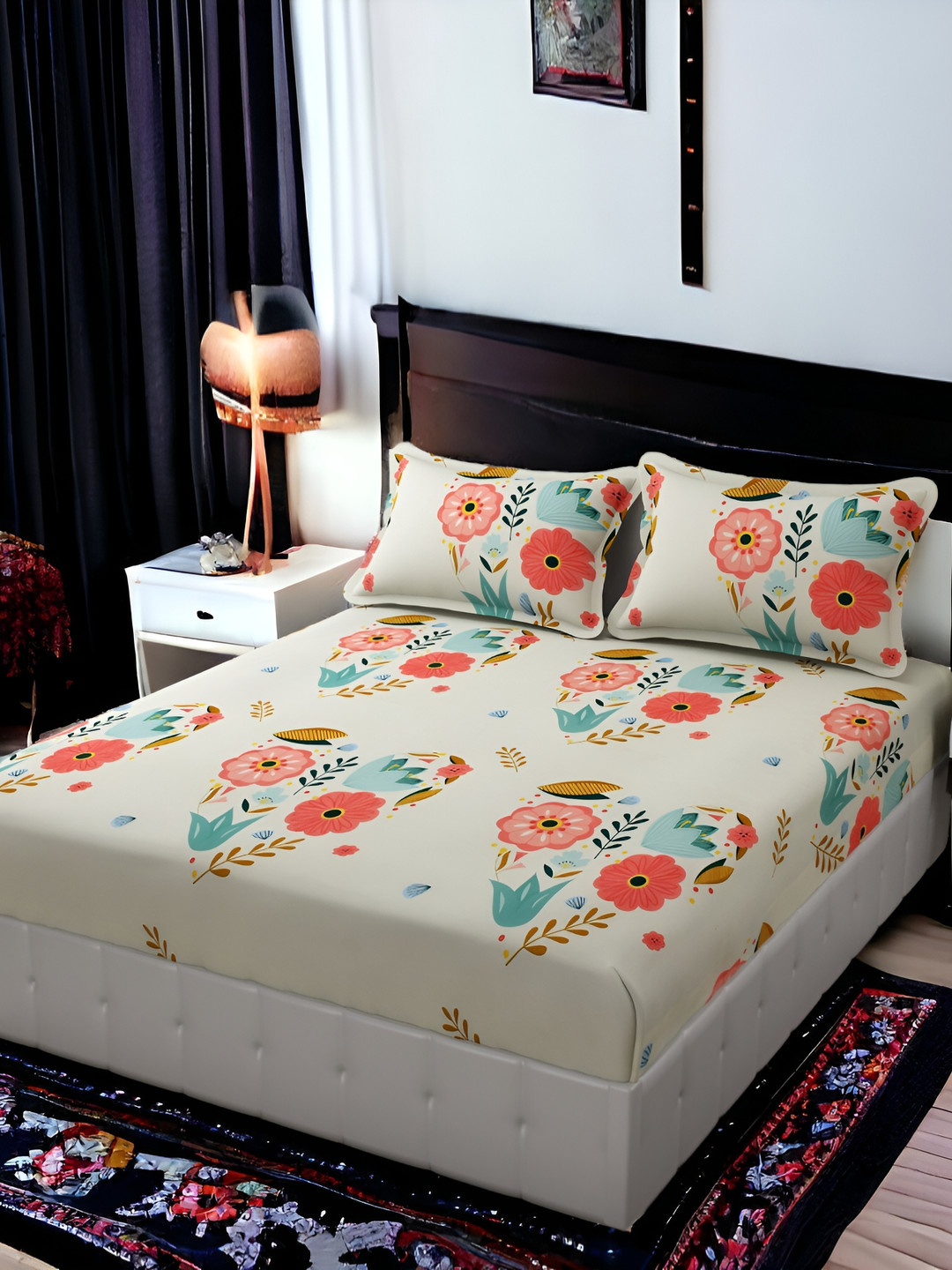 

FINE TEX WORLD Cream-Coloured Floral Microfiber 210 TC King Bedsheet with 2 Pillow Covers