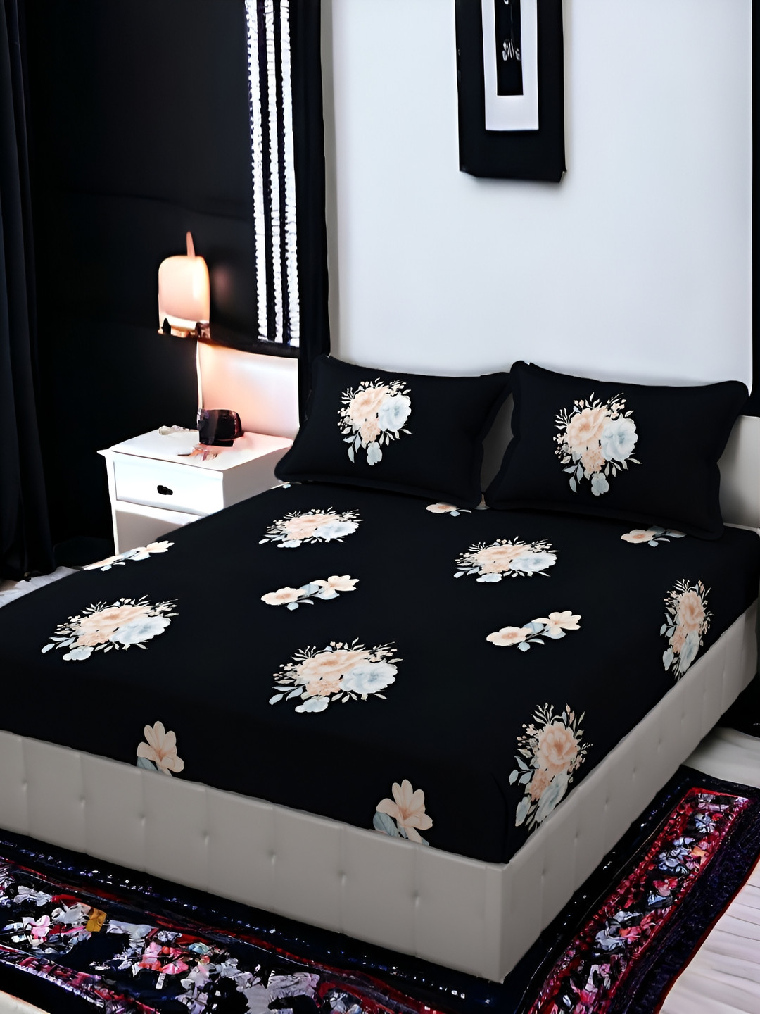 

FINE TEX WORLD Black Floral Microfiber 210 TC King Bedsheet with 2 Pillow Covers