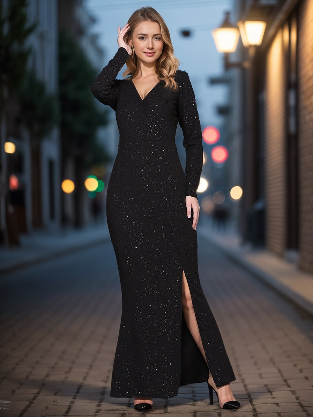 

Ziva Fashion Self Design Embellished Maxi Sheath Dress, Black