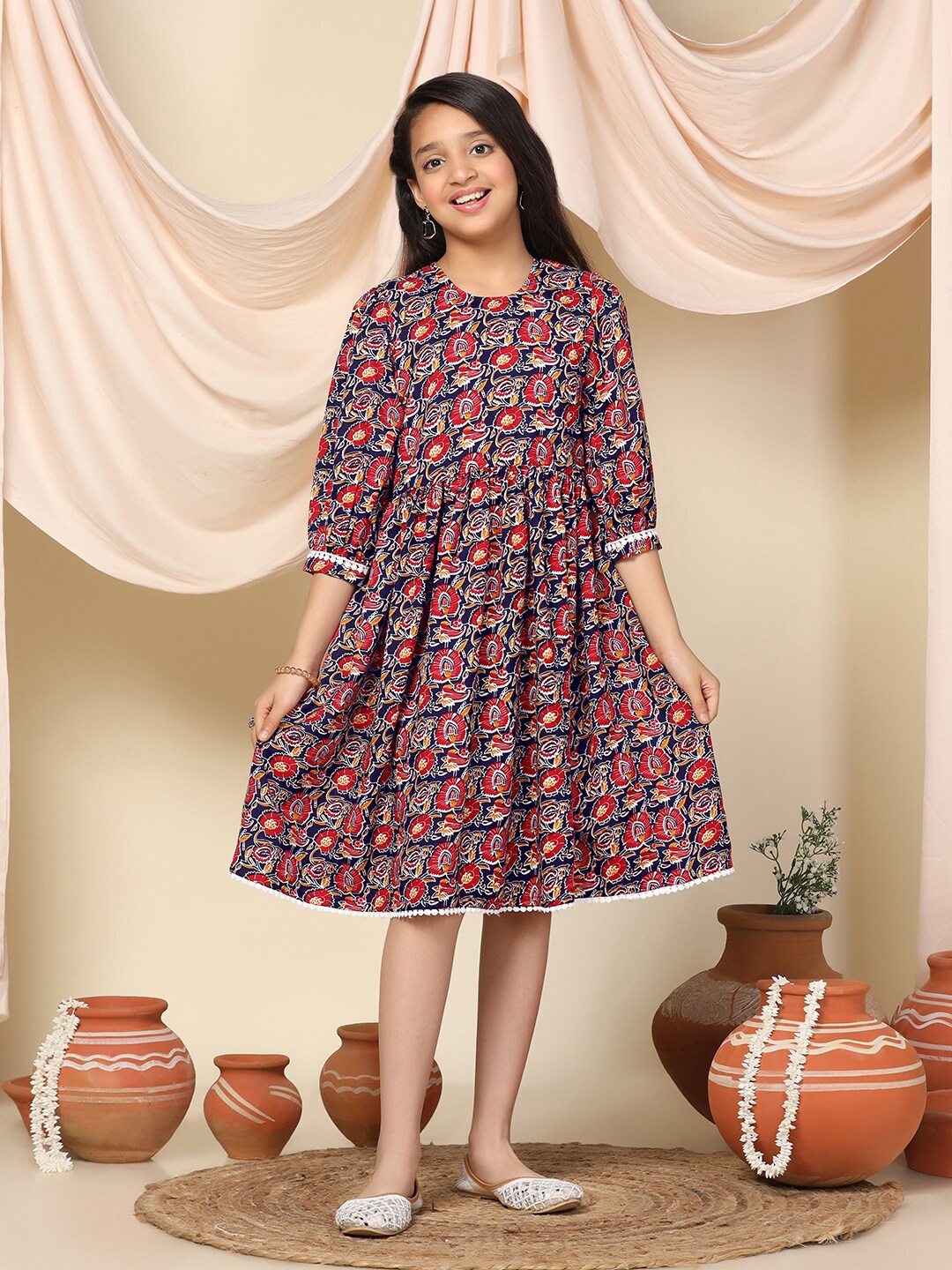 

BAESD Girls Floral Print Round Neck Regular Sleeves Fit & Flare Dress, Blue