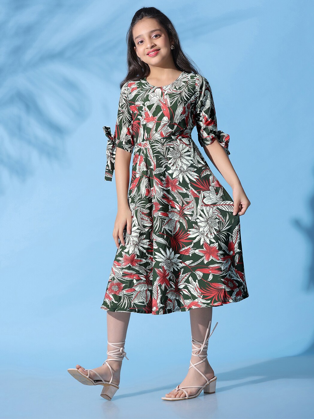 

FASHION DREAM Girls Floral Print Fit & Flare Midi Dress, Green