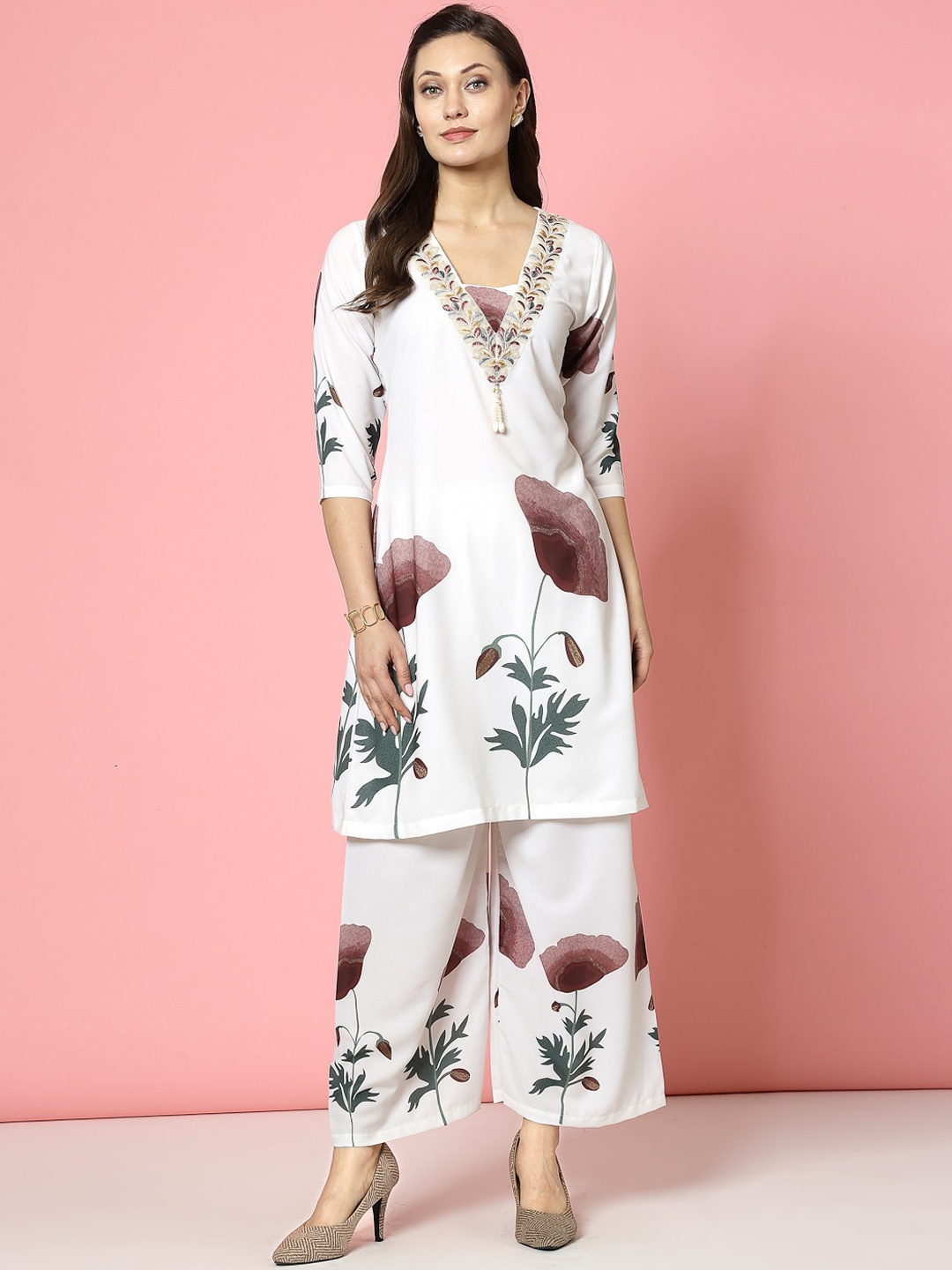 

Clora Creation Floral Digital Printed Kurta with Palazzos, Off white