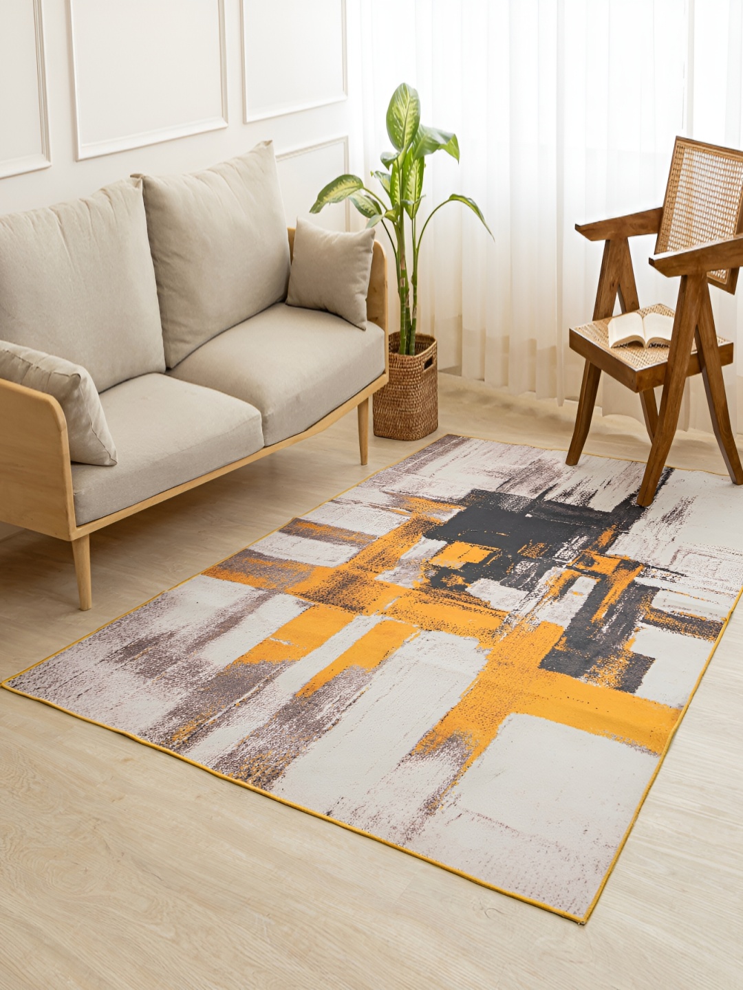 

HOMEMONDE White & Yellow Abstract Printed Anti-Skid Rectangular Carpet