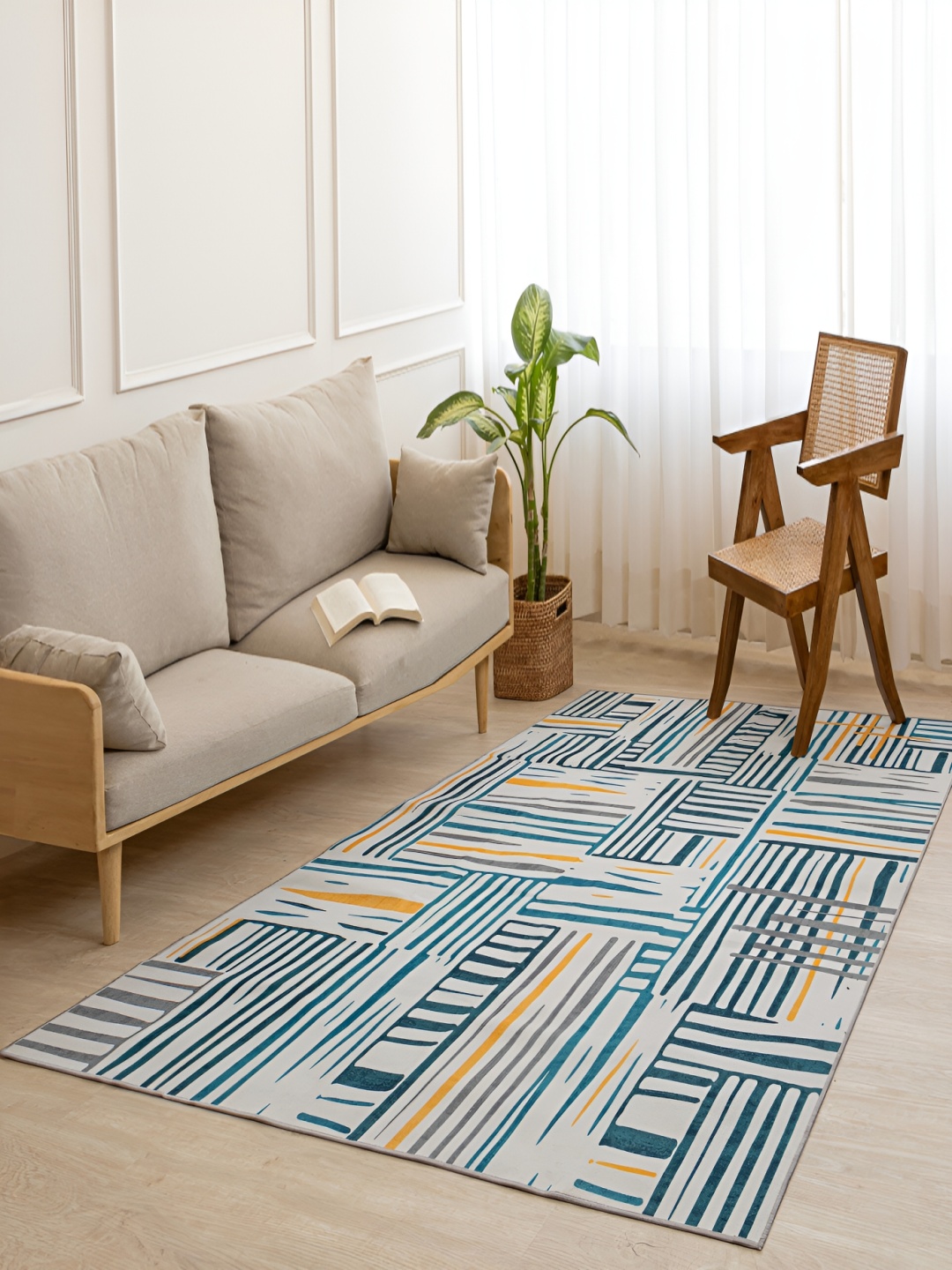 

HOMEMONDE White & Blue Striped Anti-Skid Rectangular Carpet