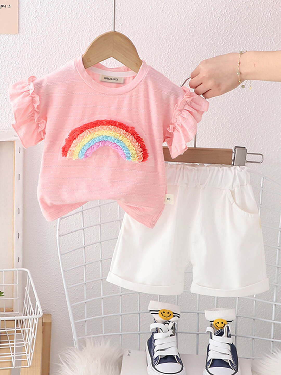 

INCLUD Girls Printed Short Sleeves Round Neck Cotton T-shirt with Shorts, Pink