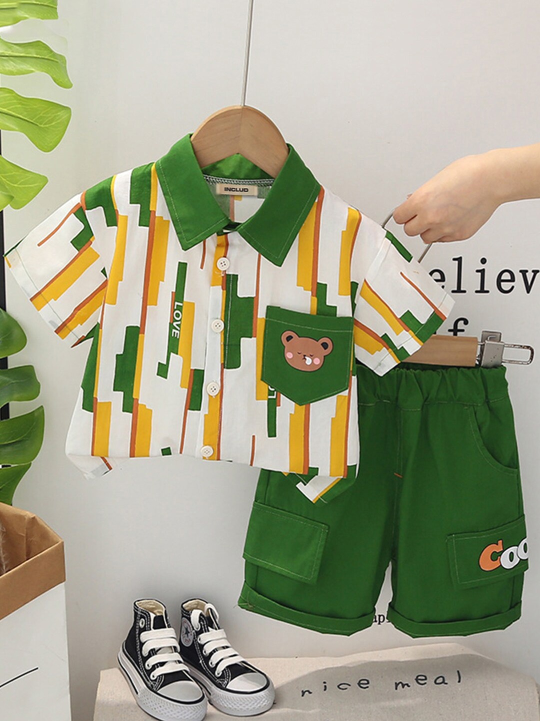 INCLUD Boys Printed Shirt with Shorts, Green
