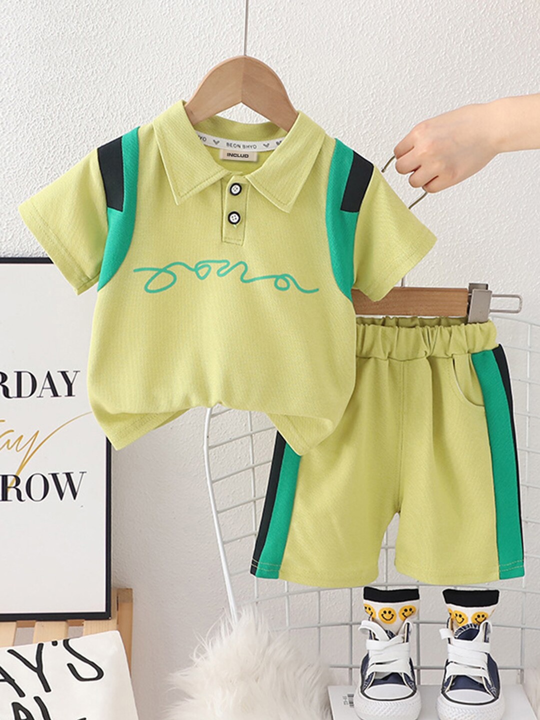 INCLUD Boys Shirt Collar Printed T-shirt with Shorts, Green