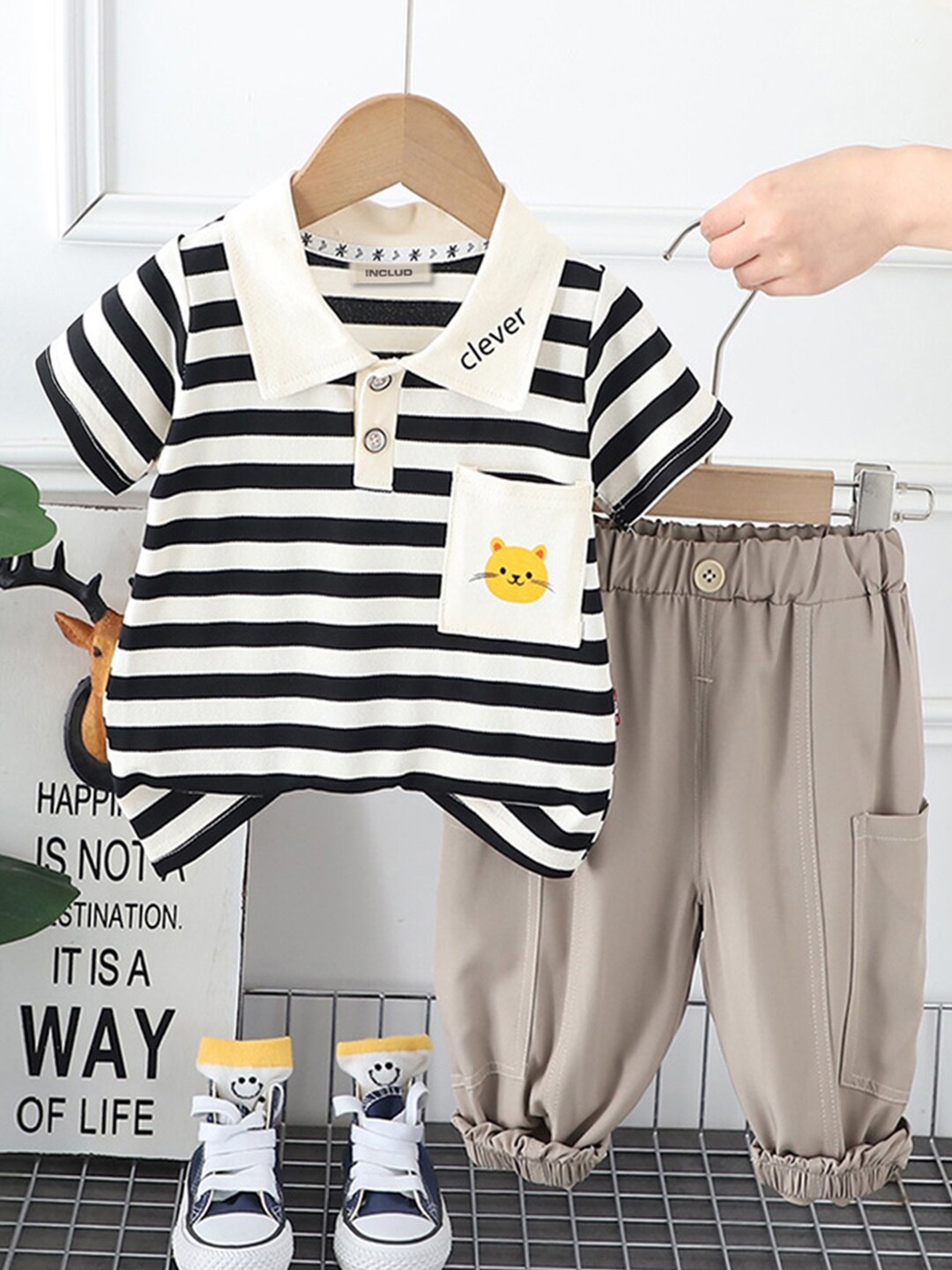 

INCLUD Boys Striped And Graphic Polo Collar T-Shirt With Elasticated Trouser, Black