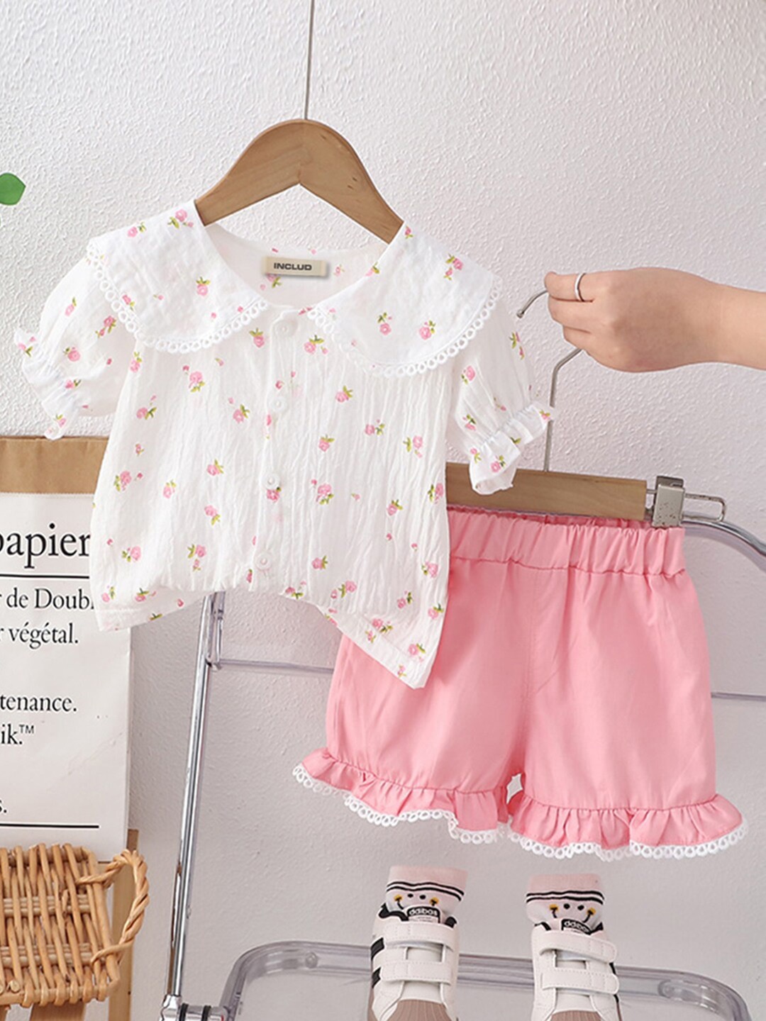 

INCLUD Girls Printed Short Sleeves Round Neck Cotton Top with Shorts, Pink