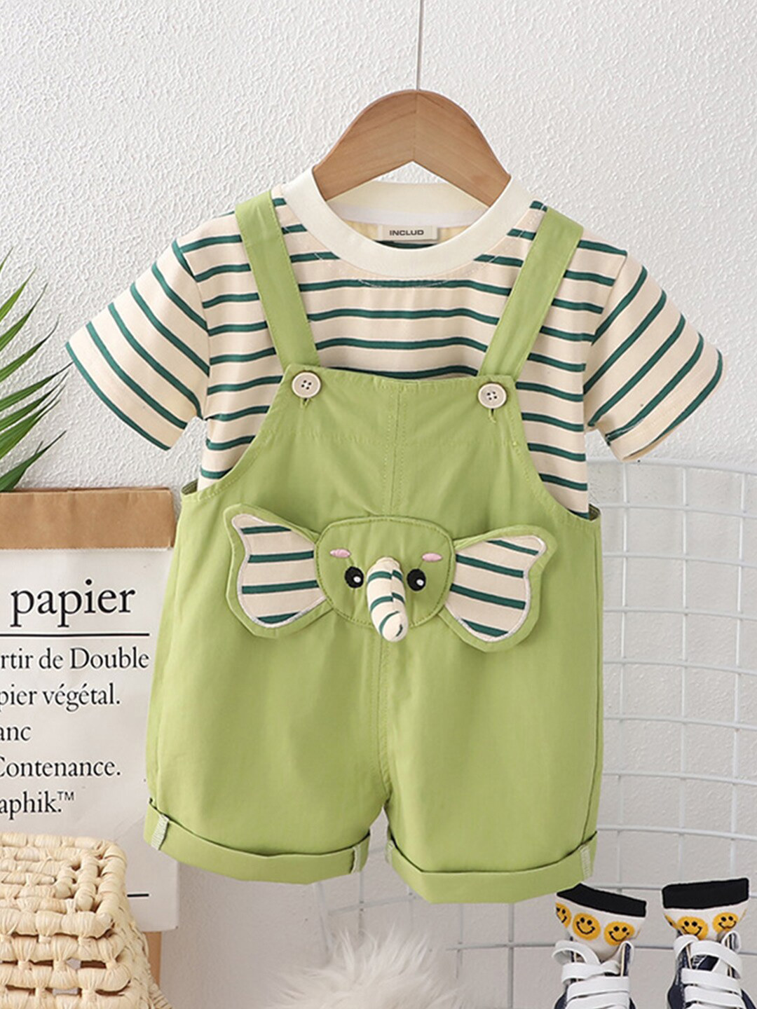 

INCLUD Boys Striped T-shirt With Dungaree, Green