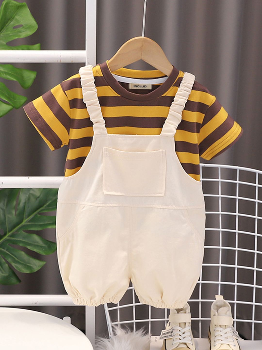 

INCLUD Boys Striped T-shirt With Dungaree, Yellow