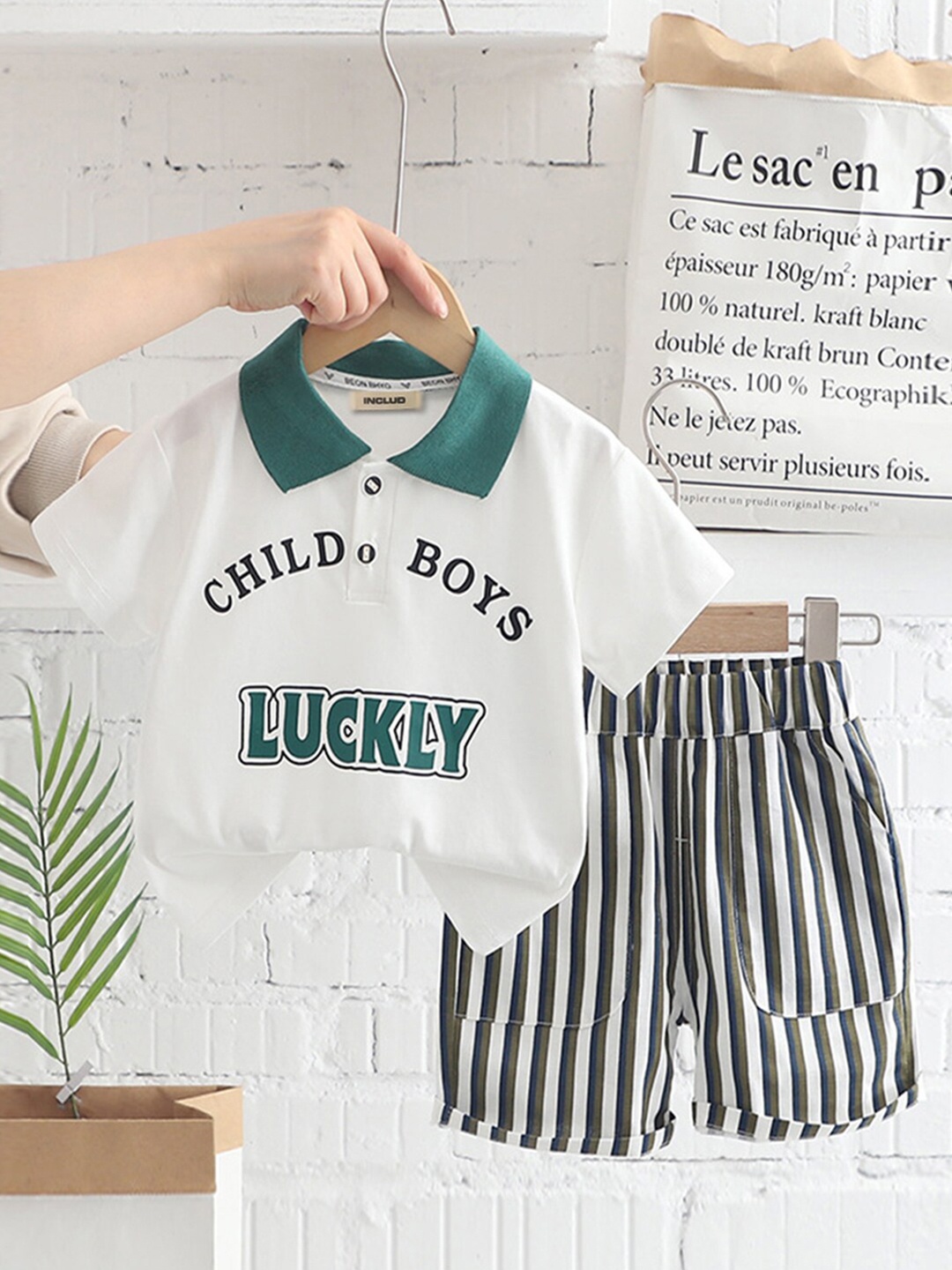 

INCLUD Boys Shirt Collar Printed T-shirt with Shorts, White