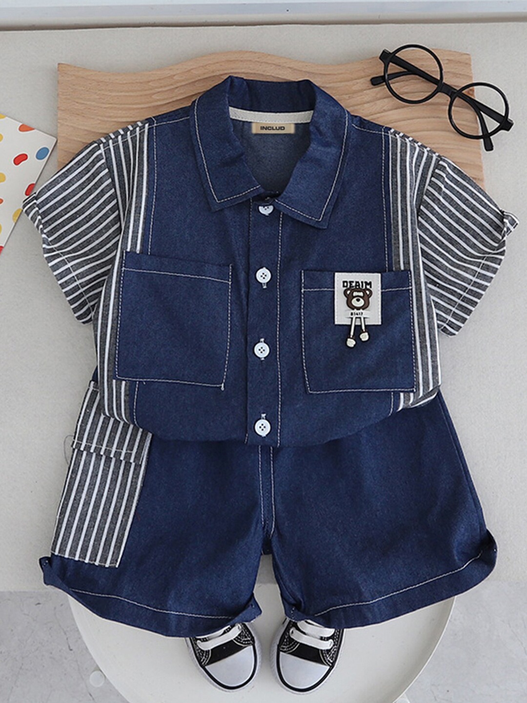 

INCLUD Boys Striped Shirt with Shorts, Blue