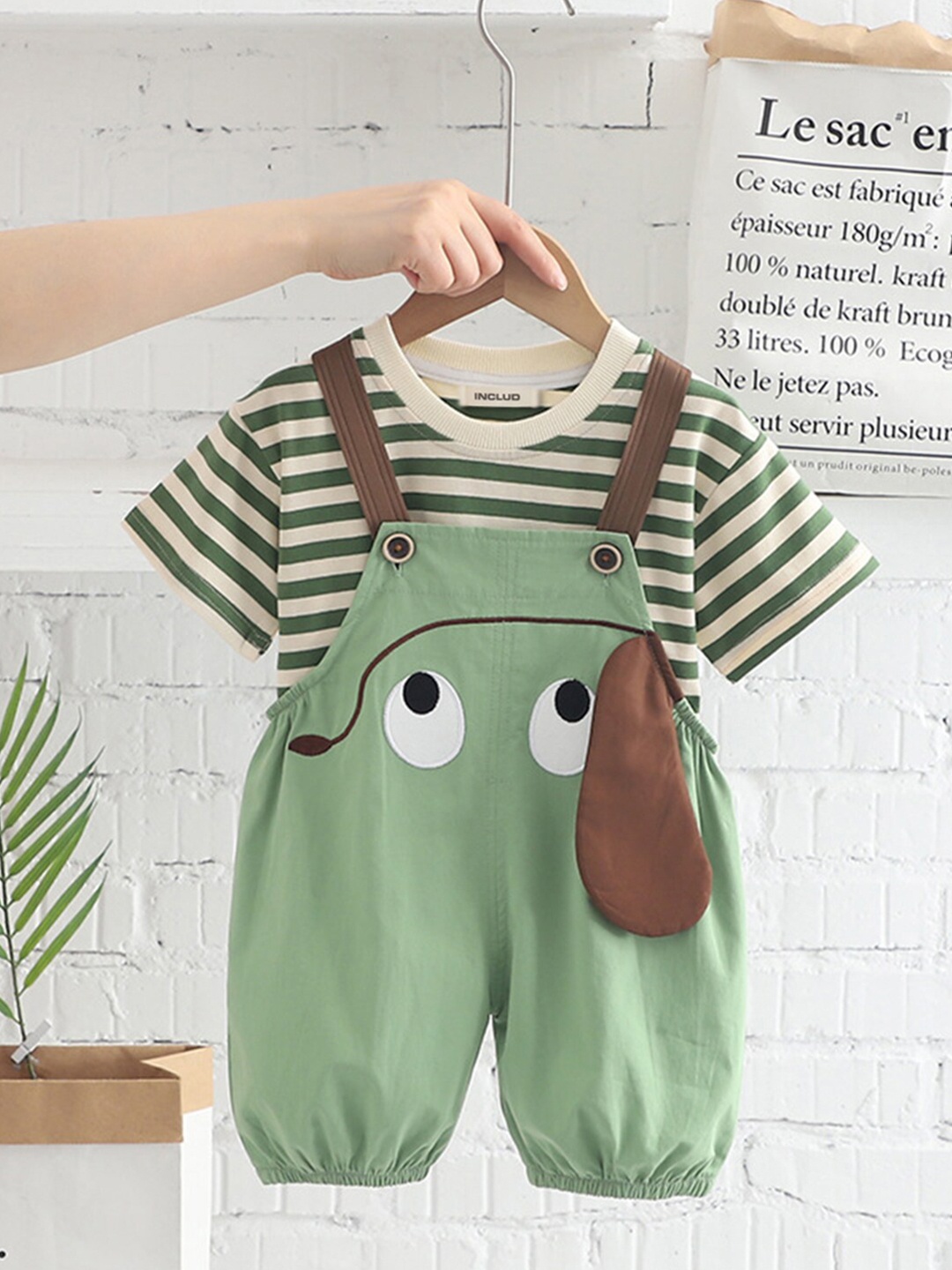

INCLUD Boys Striped Straight Leg Dungarees With Graphic Printed T-shirt, Green