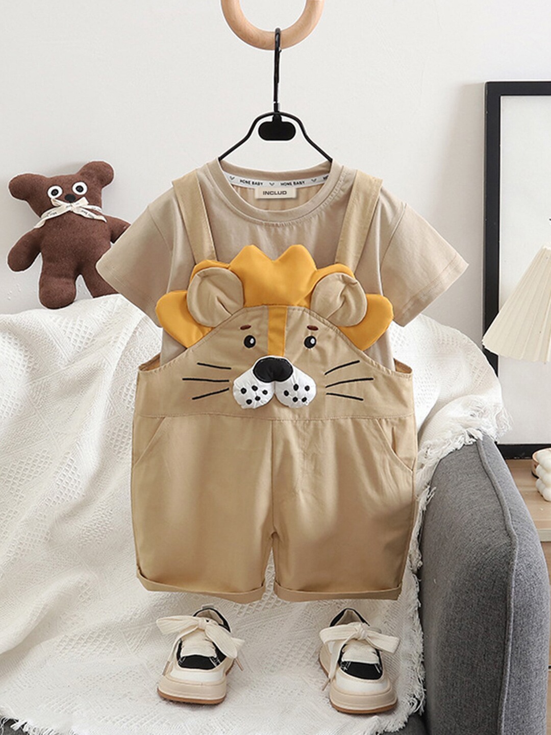 

INCLUD Boys Straight Leg Graphic Printed Dungarees With T-shirt, Khaki