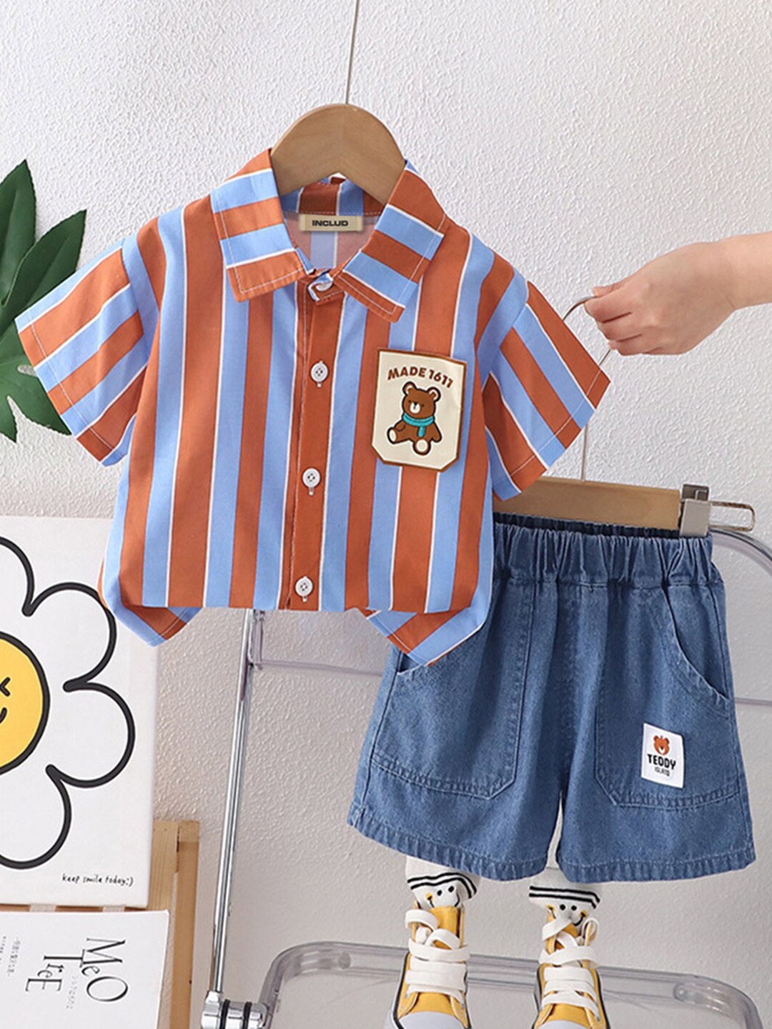 

INCLUD Boys Striped Short Sleeves Shirt Collar Cotton Shirt with Shorts, Orange
