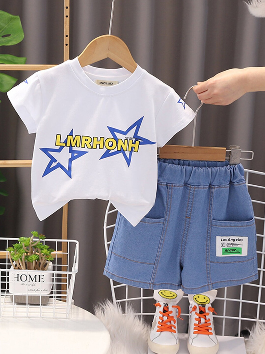 

INCLUD Boys Typography Printed Round Neck T-shirt with Denim Shorts, White