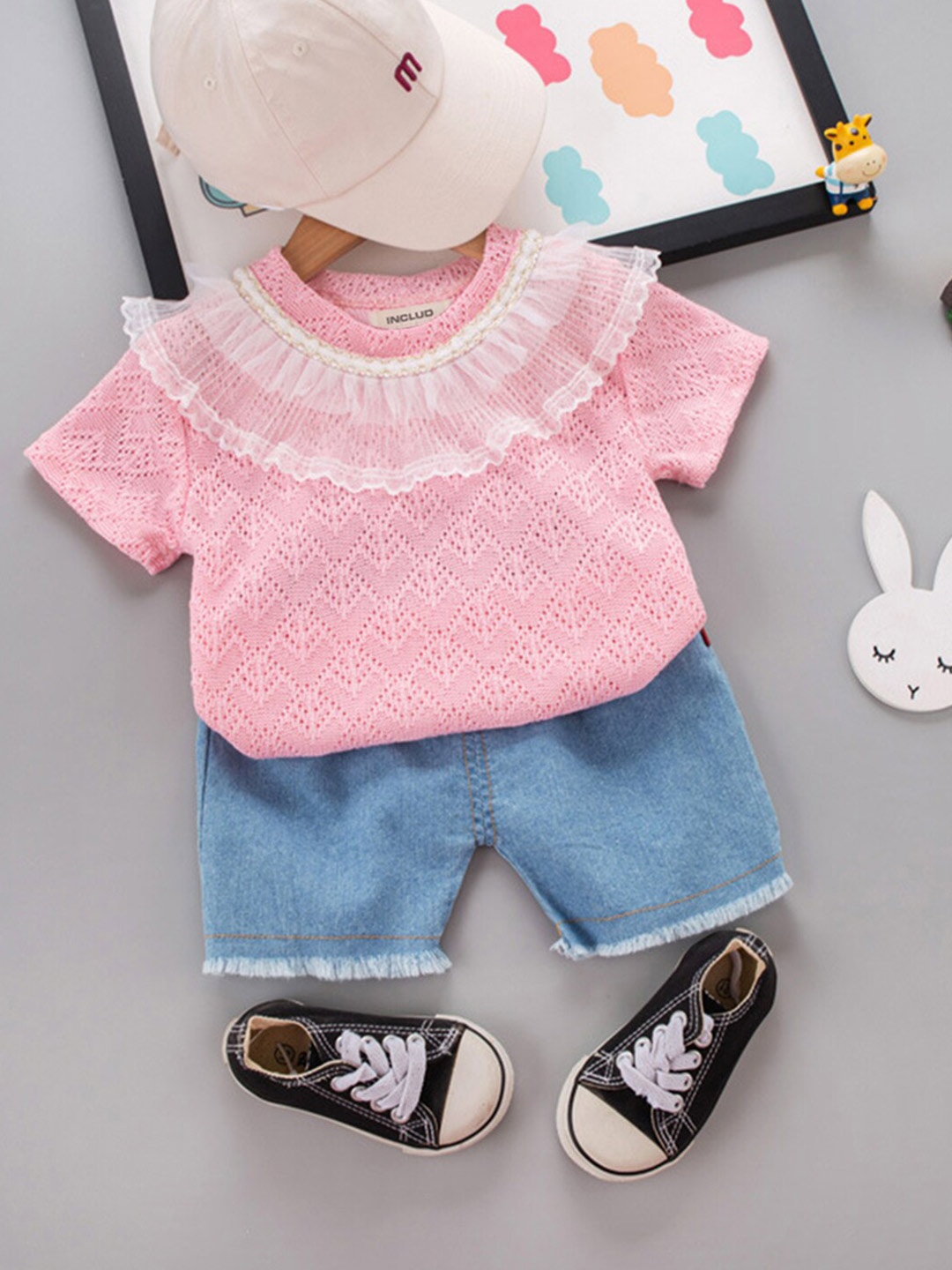 

INCLUD Girls Round Neck Short Sleeves Top With Shorts, Pink