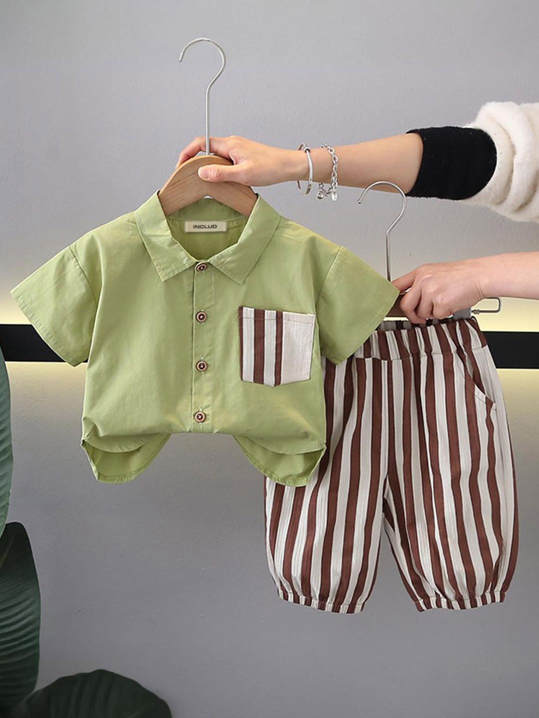INCLUD Boys Striped Shirt With Shorts, Green