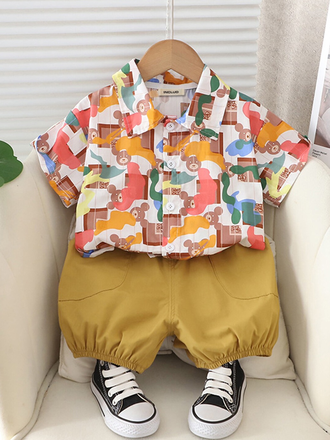 INCLUD Boys Printed Short Sleeves Shirt With Shorts, Yellow