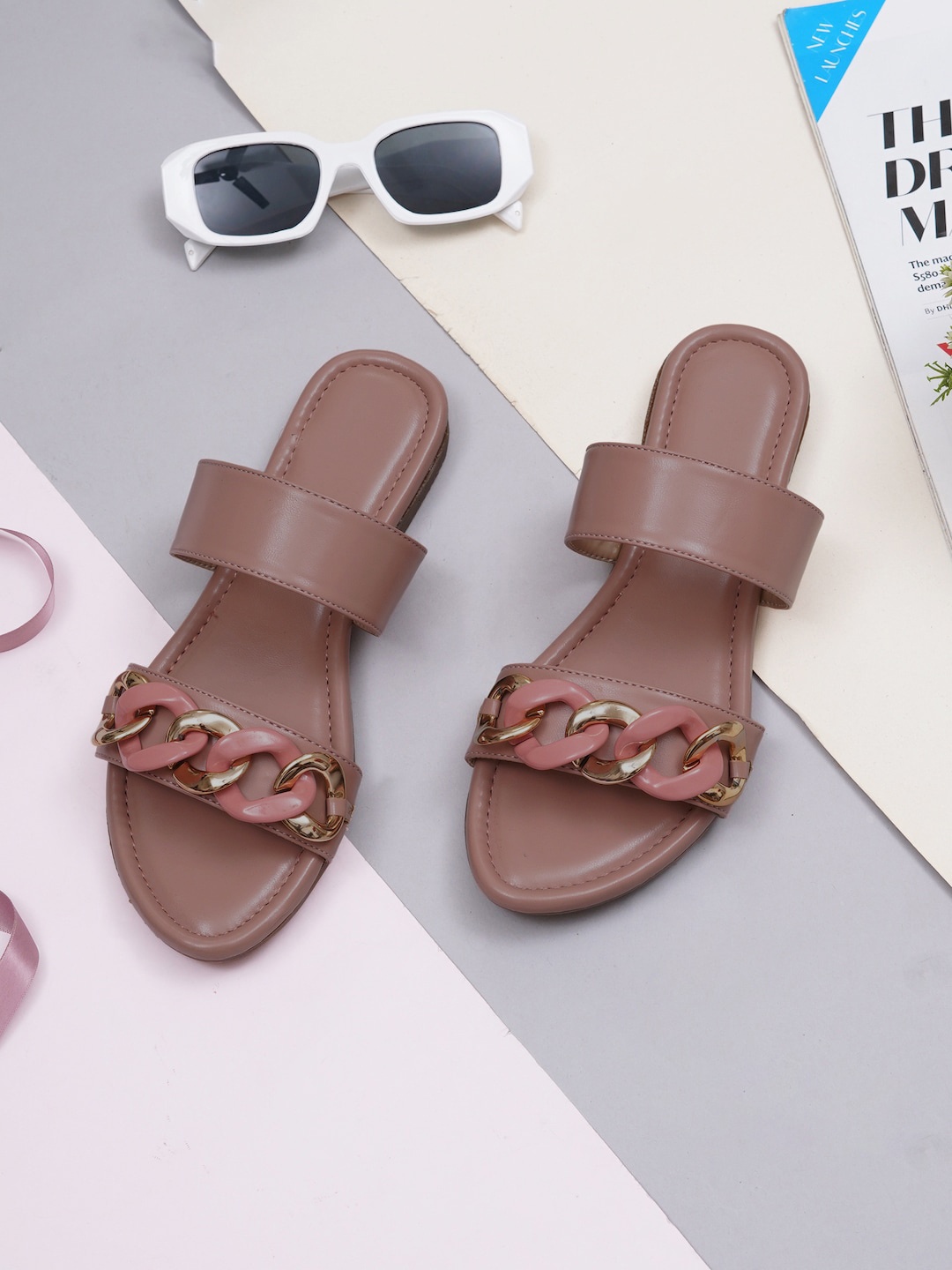 

HASTEN Embellished Open Toe Flats, Peach