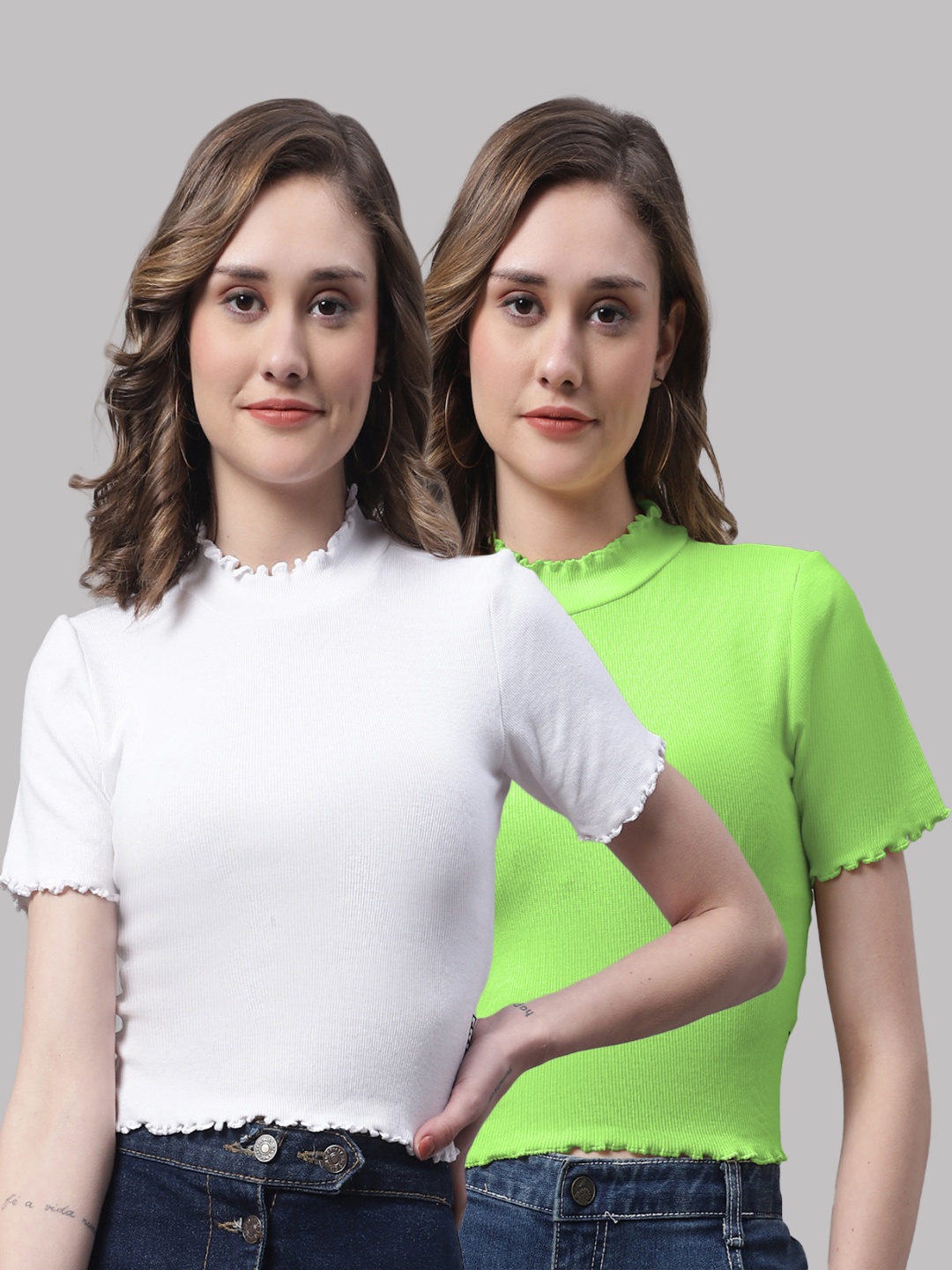 

FBAR Pack Of 2 Cotton High Neck Crop Top, White