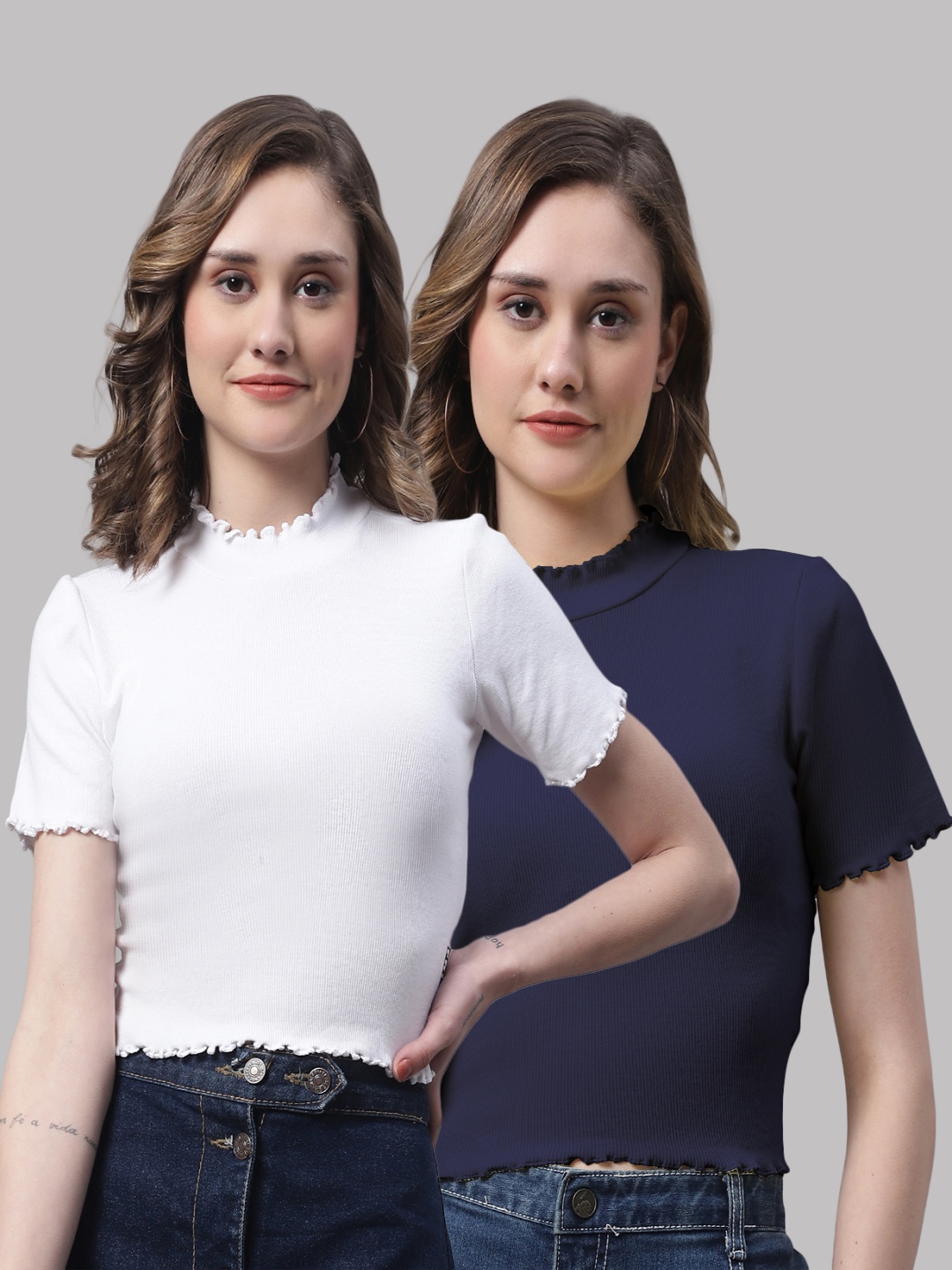 

FBAR Pack Of 2 High Neck Cotton Crop Top, White