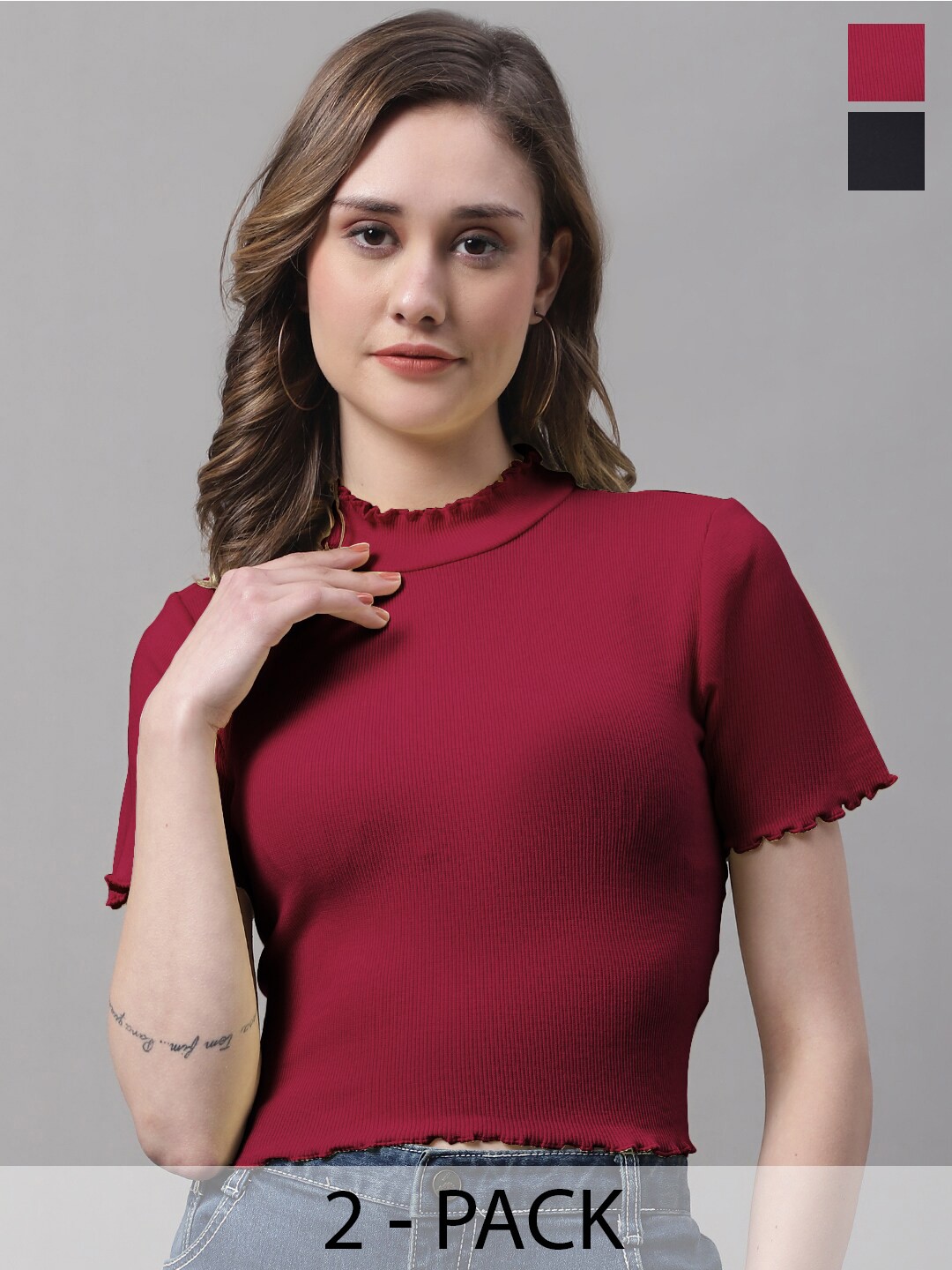 

FBAR Pack Of 2 High Neck Cotton Crop Top, Black