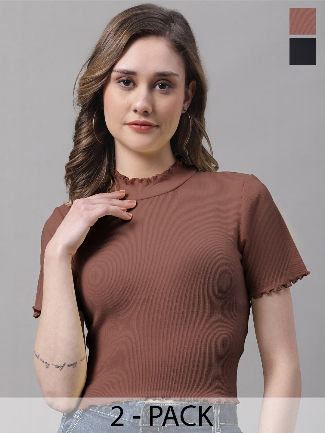 

FBAR Pack Of 2 High Neck Bio-Wash Pure Cotton Fitted Crop Tops, Brown