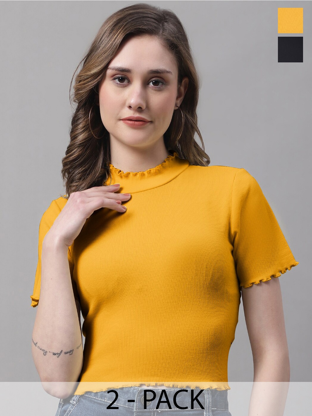 

FBAR Pack Of 2 High Neck Bio-Wash Pure Cotton Fitted Crop Tops, Mustard