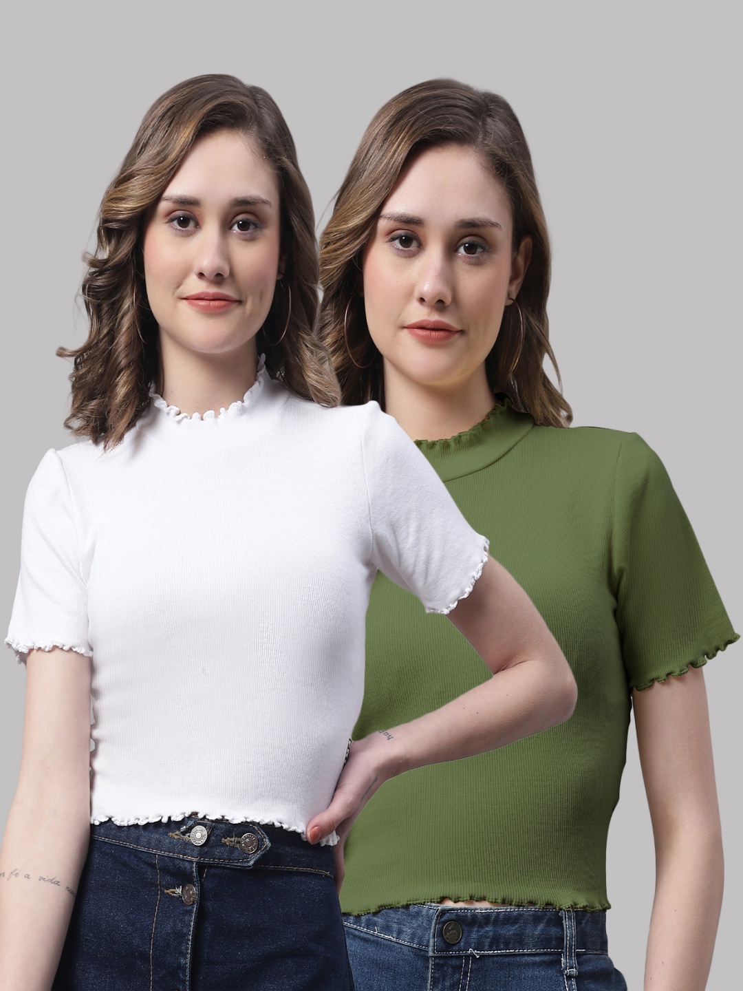 

FBAR Pack Of 2 Cotton High Neck Crop Top, White