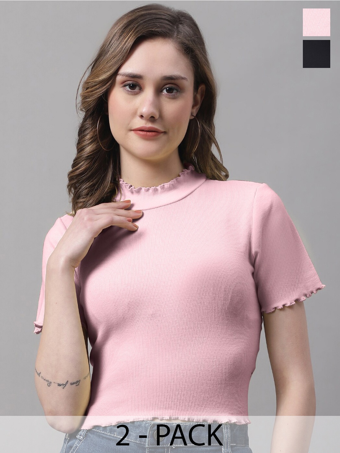 

FBAR Pack Of 2 High Neck Cotton Crop Top, Black