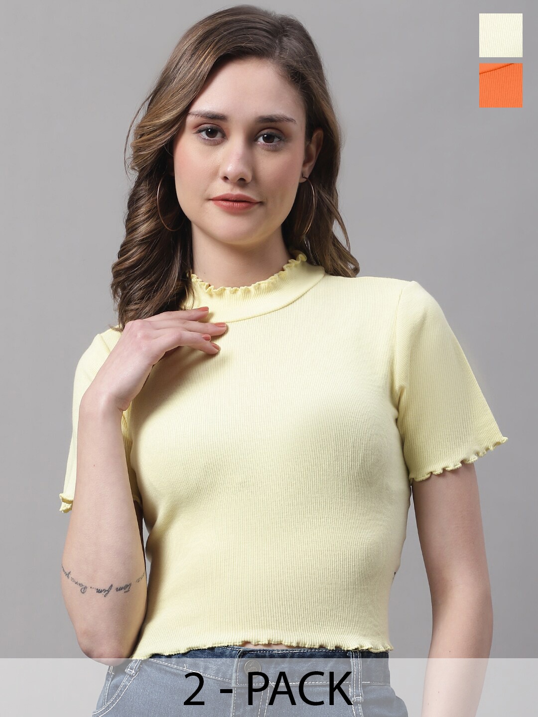 

FBAR Pack Of 2 High Neck Bio-Wash Pure Cotton Fitted Crop Tops, Yellow