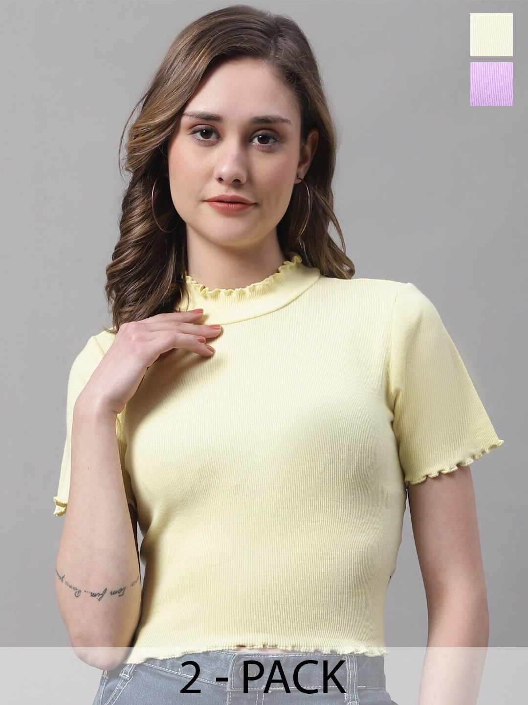 

FBAR Pack of 2 High Neck Crop Tops, Yellow