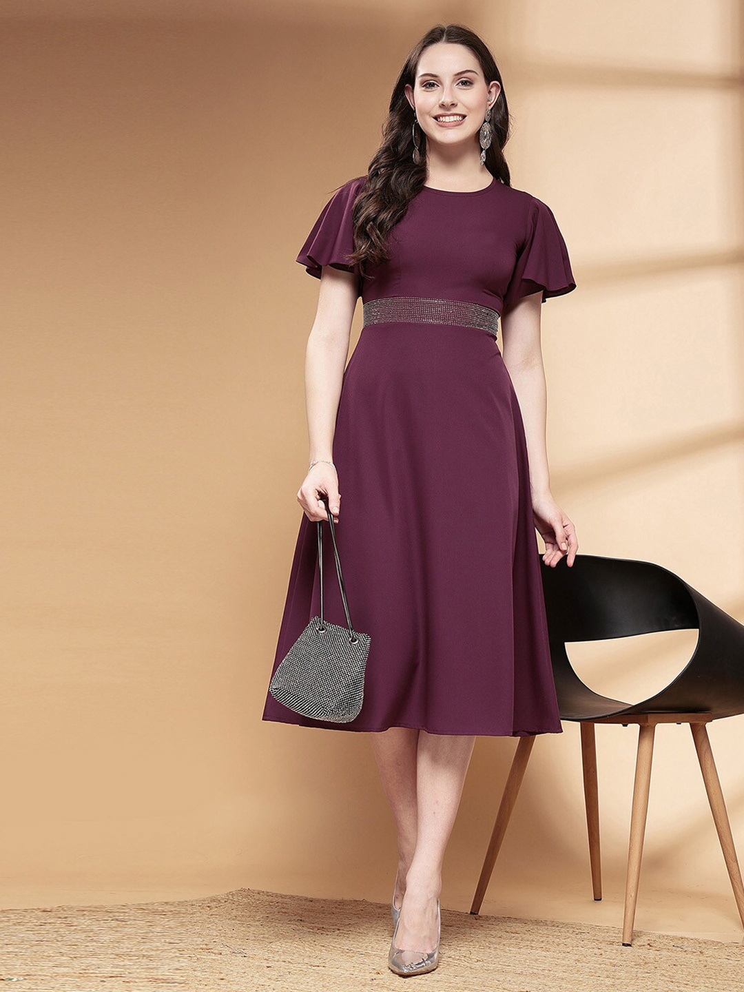 

Selvia Flared Sleeve Crepe Fit & Flare Midi Dress, Purple