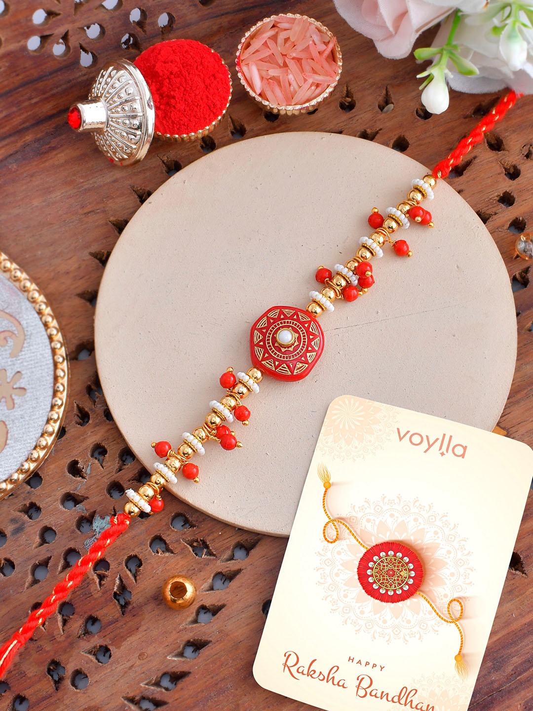 

Voylla Men White Pearls Thread Rakhi, Red