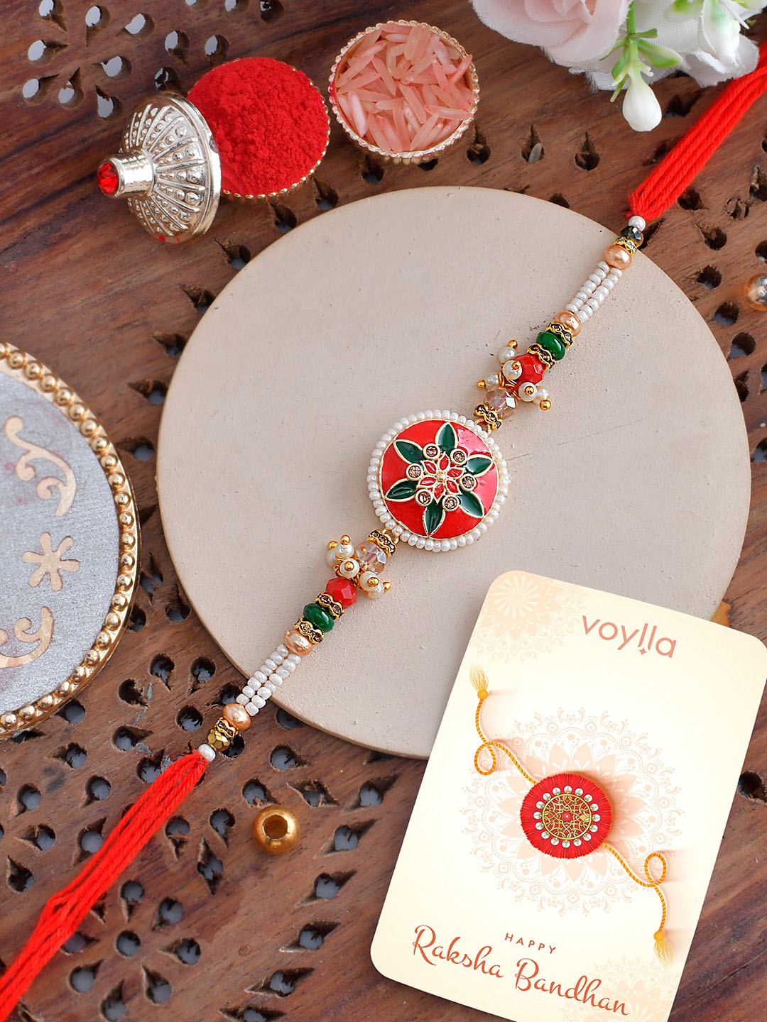 

Voylla Bejewelled And Beaded Men's Thread Rakhi For Brother, Red