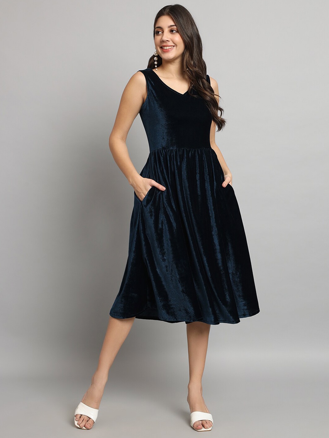 

VAARARO V-Neck Velvet Fit & Flare Midi Dress, Blue