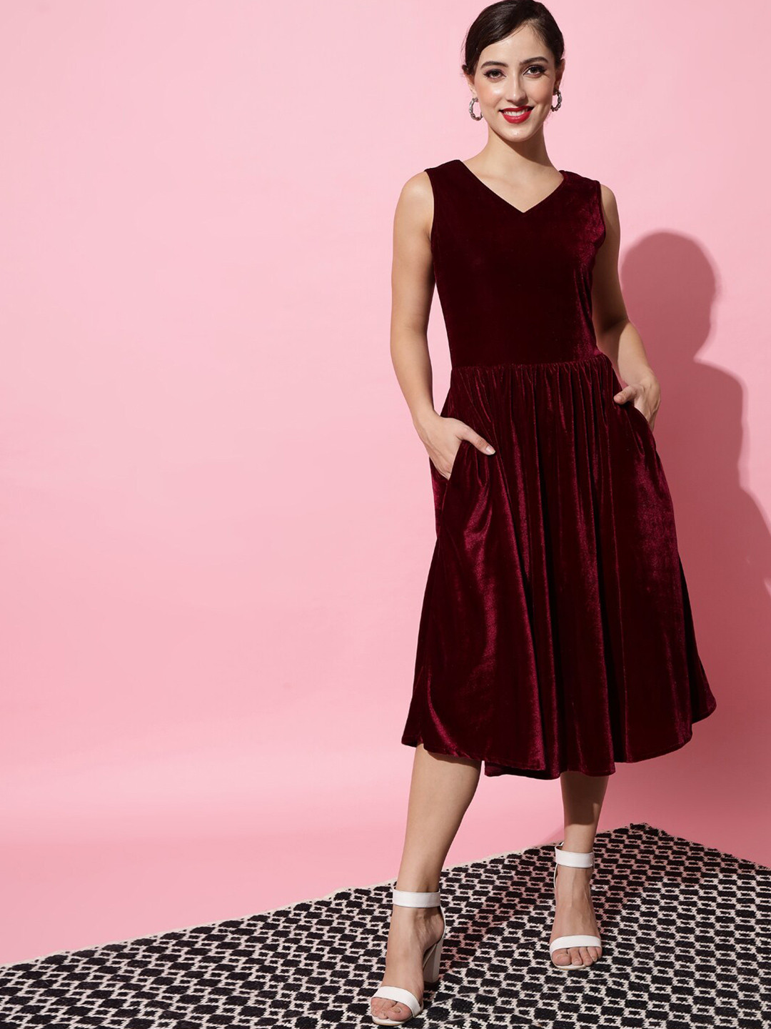 

VAARARO V-Neck Velvet Fit & Flare Midi Dress, Red