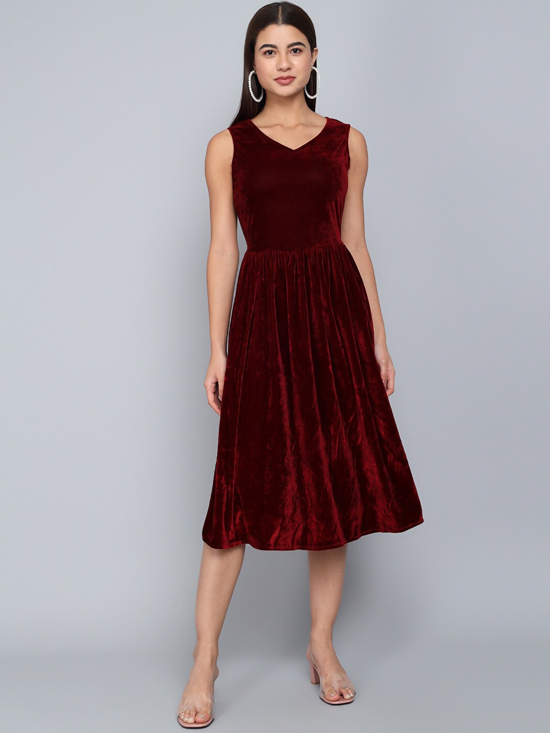 

VAARARO V-Neck Velvet Fit & Flare Midi Dress, Burgundy