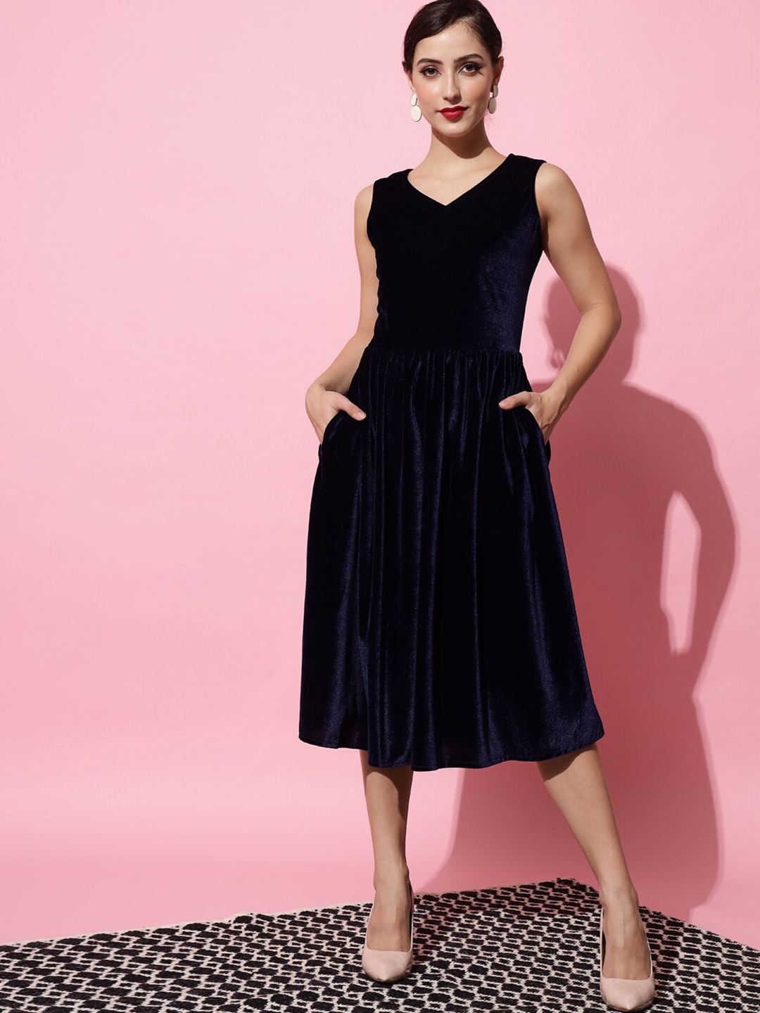 

VAARARO V-Neck Velvet Fit & Flare Midi Dress, Navy blue