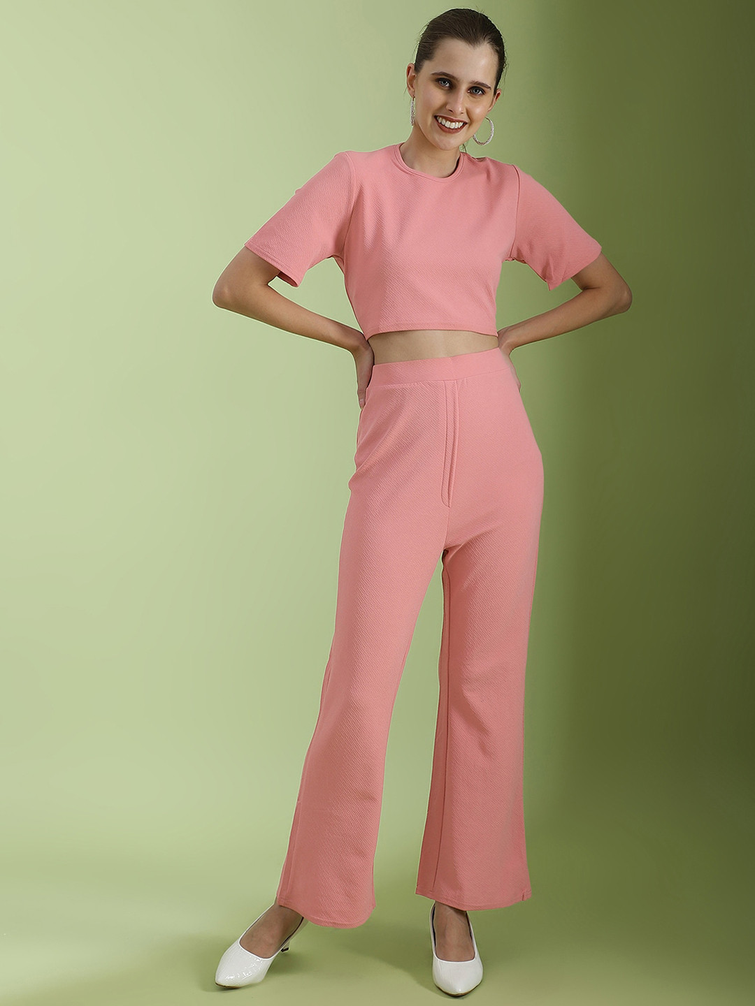 

Selvia Round Neck Crop Top With Trousers Co-Ords, Pink