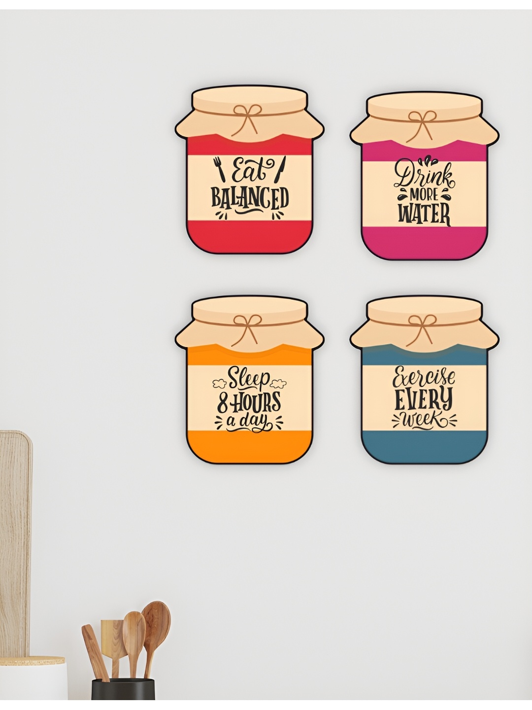 CVANU Beige & Red 4 Pieces Jar Printed Wooden Hanging Wall Decor
