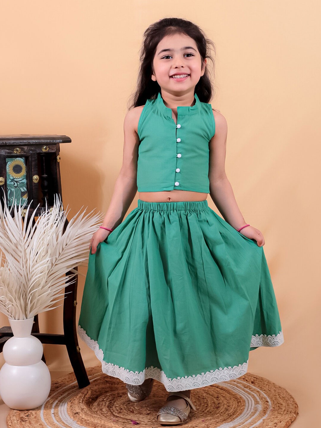 

JUNITOS Girls Pure Cotton Crop Top And Long Skirt, Green