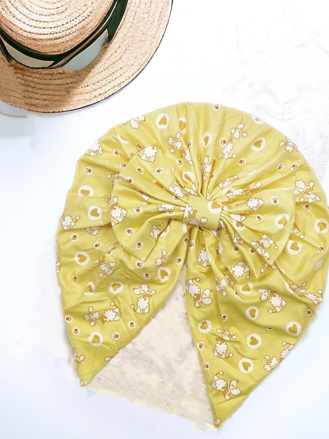 

ANNA CREATIONS Infant Girls Printed Turban Beanie Cap, Yellow